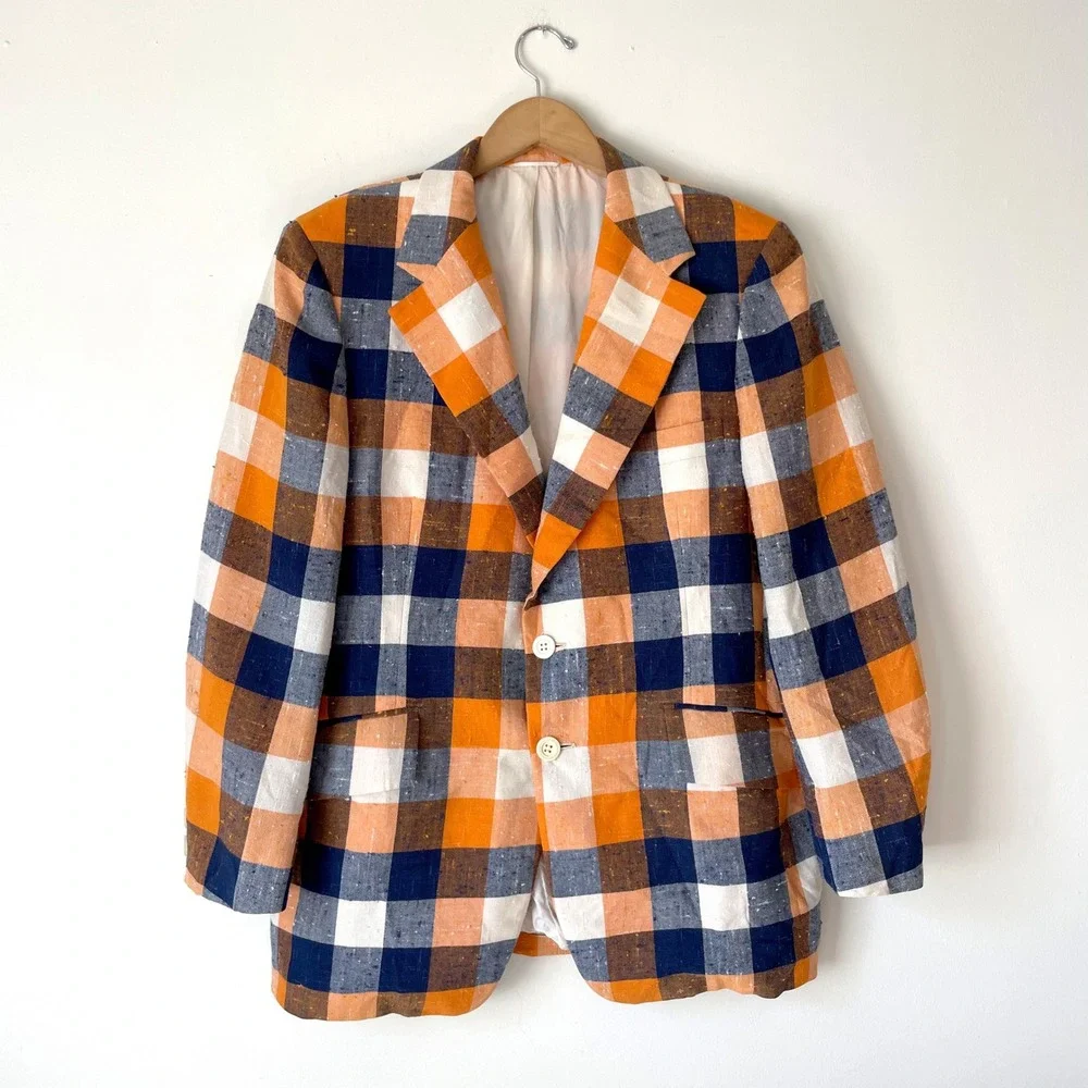 Vintage Plaid Blazer Sport Coat Textured Slub Two Button XL Retro Preppy 70s